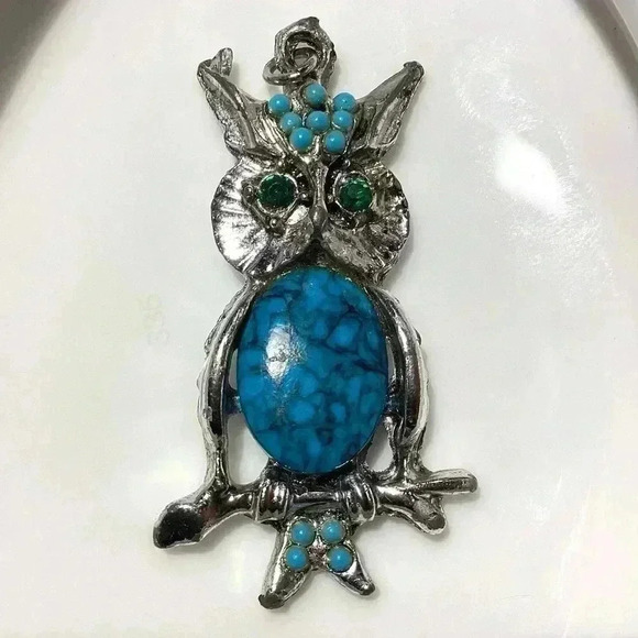Vintage Silver Tone Owl Necklace Faux Turquoise Belly Bead Rhinestone Pendant - Picture 1 of 5